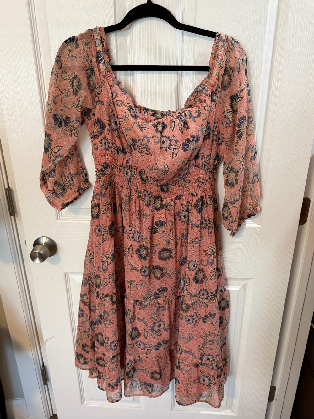 Patrons of Peace Coral Pink Floral Smocked Midi Dress